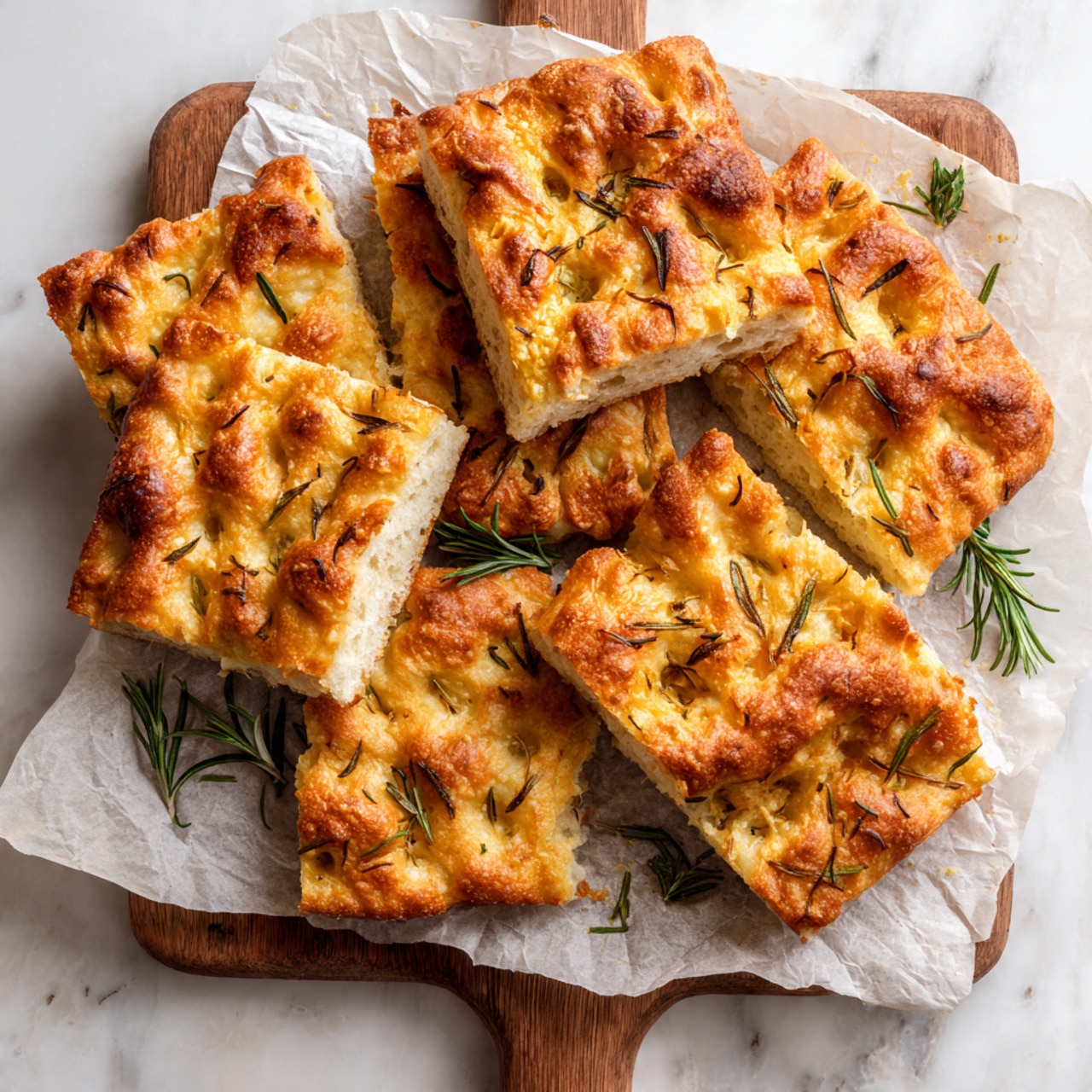 A rectangular focaccia bread with a golden brown crust sits on crinkled parchment paper. The bread has an uneven top with deep dimples and is sprinkled with small green rosemary leaves, creating a textured and rustic look. The surface shows a mix of light golden and darker toasted areas, giving it a fresh baked appearance. A small wooden bowl with coarse salt and a few sprigs of rosemary are placed near the bread on a white marbled texture. Photo taken with an iphone --ar 4:5 --v 7