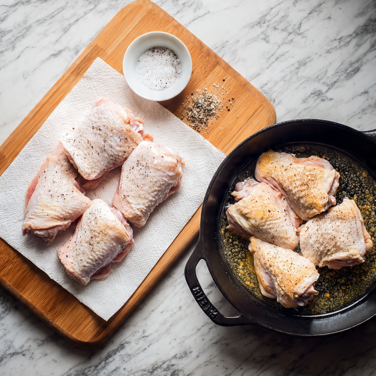 The image shows two parts: on the left side, five pieces of raw chicken with skin are placed on white paper towels on a wooden board, each piece lightly sprinkled with salt and black pepper. A small white bowl with more salt and pepper is positioned at the top right corner of the board. On the right side, a black cast iron pan holds five pieces of chicken skin-side down, showing a light golden color starting to form on the skin, with slight bubbling oil visible around them. The background has a white marbled texture. photo taken with an iphone --ar 4:5 --v 7