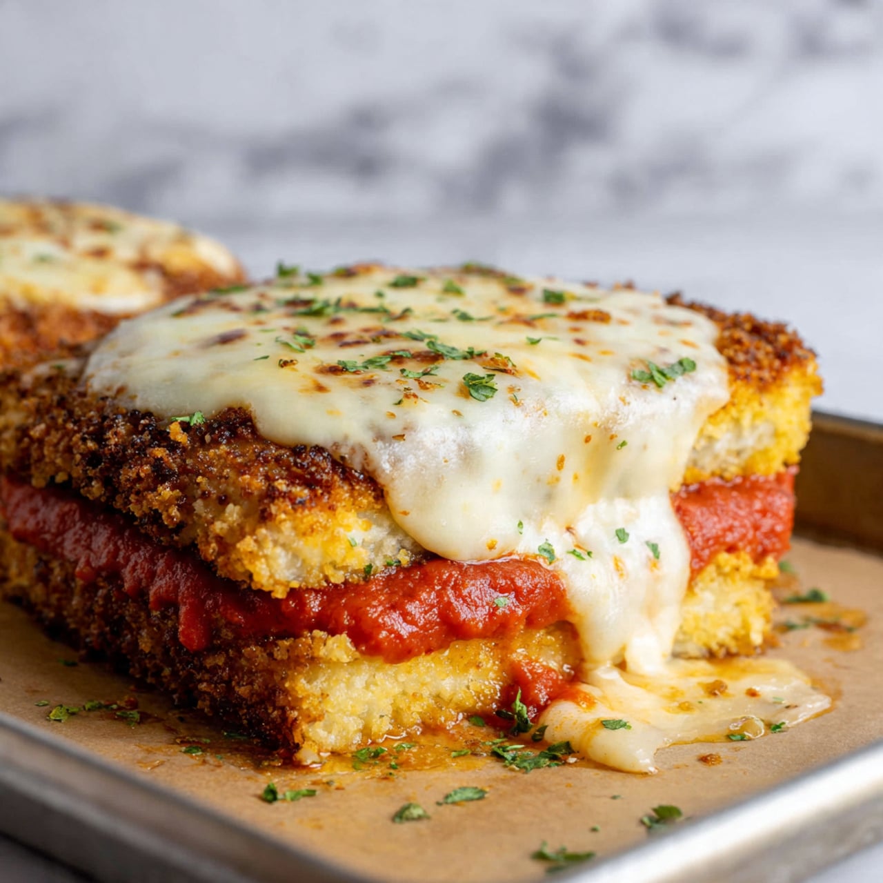 Three pieces of cooked chicken are laid on brown cooking paper on a baking tray. Each piece has a crispy, golden-brown breaded base, topped with a layer of red tomato sauce. Above the tomato sauce is a thick layer of melted white cheese, lightly browned in some spots, with small green herb sprinkles evenly scattered on top. The background shows the edge of the tray with a white marbled surface. photo taken with an iphone --ar 4:5 --v 7