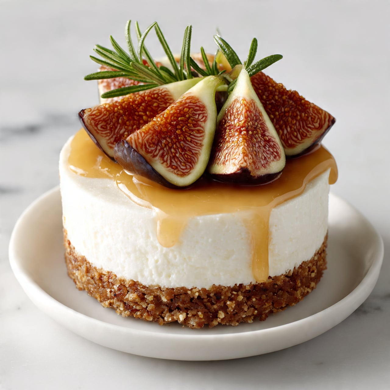 A white round plate sits in the center on a white marbled surface, holding a small cake or dessert with two layers: a smooth light cream base and a top layer decorated with dark purple halved figs and small green leaves arranged neatly. Above the plate, a small white bowl filled with honey has a wooden dipper resting inside. Three whole green figs and two sprigs of rosemary are scattered around the scene. A soft pink cloth is draped casually at the lower left corner, and two empty white plates are stacked near the bottom center. Photo taken with an iphone --ar 4:5 --v 7