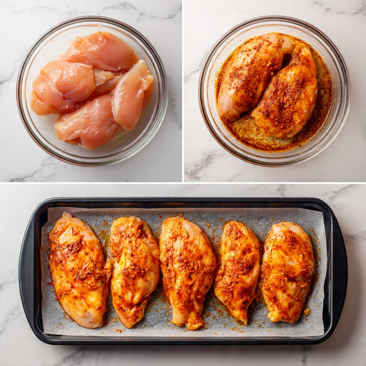 The image shows three panels of preparing chicken. The first panel is a clear glass bowl sitting on a white marbled surface with four raw chicken pieces inside, light pinkish in color and smooth in texture. The second panel shows the same bowl with the chicken now sprinkled with a layer of brown-red spices on top, giving the meat a speckled orange look while the bowl remains transparent and the background stays white marbled. The third panel shows four pieces of the seasoned chicken placed in a single layer on a black baking tray lined with white parchment paper, the chicken pieces now a deeper orange-brown color from the spices, and the tray is on the same white marbled surface. Photo taken with an iphone --ar 4:5 --v 7