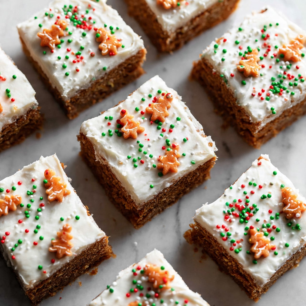 A stack of three thick squares of dark brown cake with a moist and slightly crumbly texture sits on a white plate. The top square is covered with a smooth layer of white frosting that has small, round sprinkles in red, green, and white, along with tiny gingerbread-shaped decorations. The background is a white marbled texture with a soft light that highlights the cake's details. Photo taken with an iphone --ar 4:5 --v 7