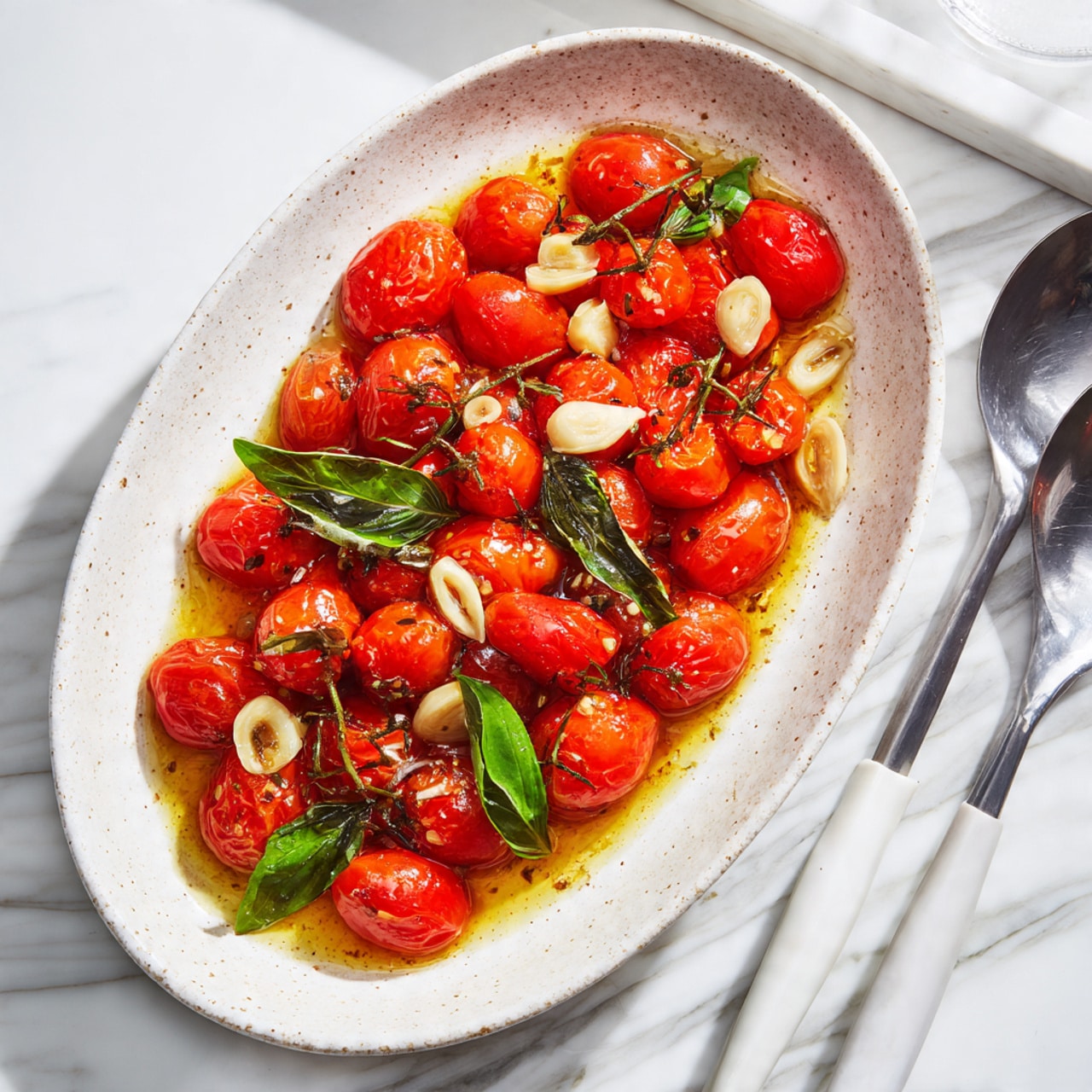 A white speckled oval plate filled with two layers of shiny, bright red roasted cherry tomatoes with soft skin, scattered with small light brown slices of cooked garlic and fresh green basil leaves on top. The tomatoes rest in a thin, glossy golden oily sauce that pools slightly at the bottom. The plate sits on a white marbled surface with a pair of white-handled spoons placed to the right side. Photo taken with an iphone --ar 4:5 --v 7