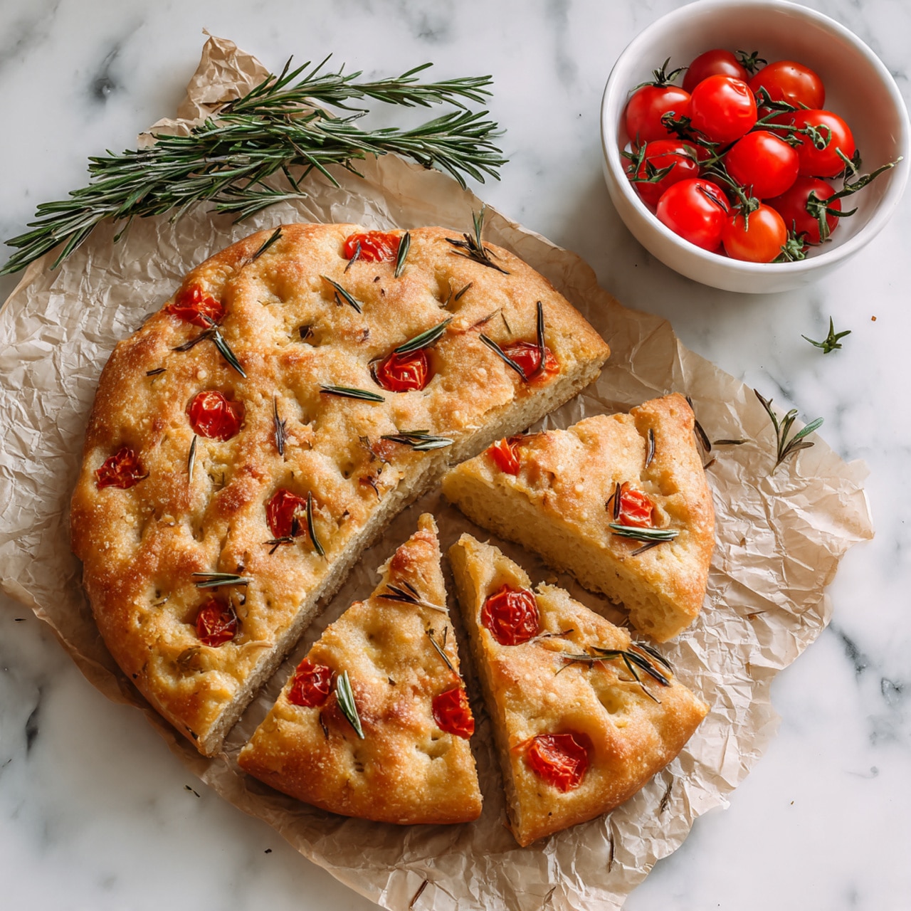 A round focaccia bread with a golden brown crust baked in a black pan lined with parchment paper. The bread has a dimpled texture on the surface, with multiple bright red cherry tomato halves pressed into the dough, scattered evenly. Small green sprigs of rosemary are also scattered on top, adding a contrast of color. The edges of the focaccia are slightly puffed, showing a soft and airy texture inside. The background features a white marbled surface. Photo taken with an iphone --ar 4:5 --v 7