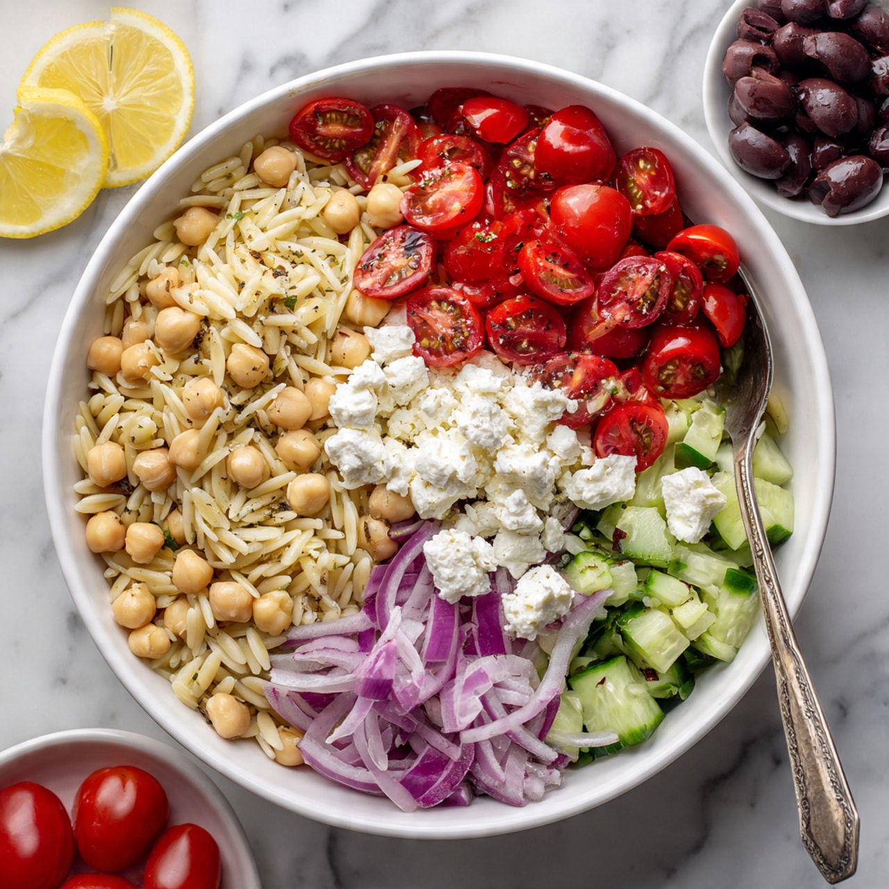 A white bowl filled with a layered salad starting with a base of light beige orzo pasta mixed with small tan chickpeas. On top, there are bright red cherry tomato halves and small green cucumber chunks scattered evenly. Thin, pale purple onion slices are lightly mixed throughout. Small black olive slices are spread around, and large white dollops of soft cheese sit on the top layer. Three thin lemon slices rest on one side near the bowl's edge. A silver spoon is placed on the right side inside the bowl. The bowl is set on a white marbled surface with a small white bowl of black sliced olives and some bright red cherry tomatoes nearby. Photo taken with an iphone --ar 4:5 --v 7