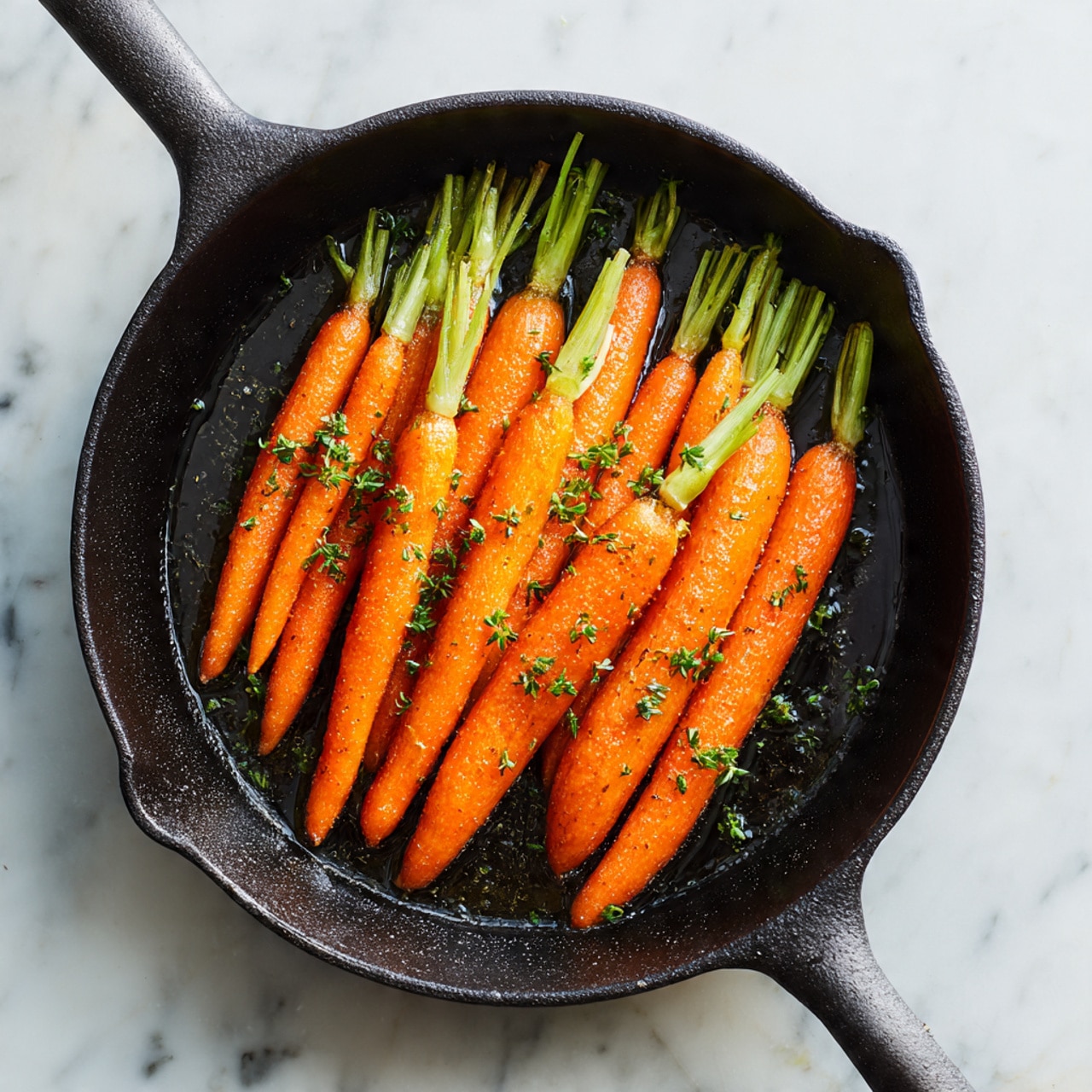 A black cast iron pan holds about a dozen small orange carrots with green tops still attached, arranged side by side to fill the pan. The carrots have a smooth texture and fresh look, and the pan shows a light coating of oil or moisture reflecting some light. The pan sits on a white marbled surface, showing a clean and bright setting. photo taken with an iphone --ar 4:5 --v 7