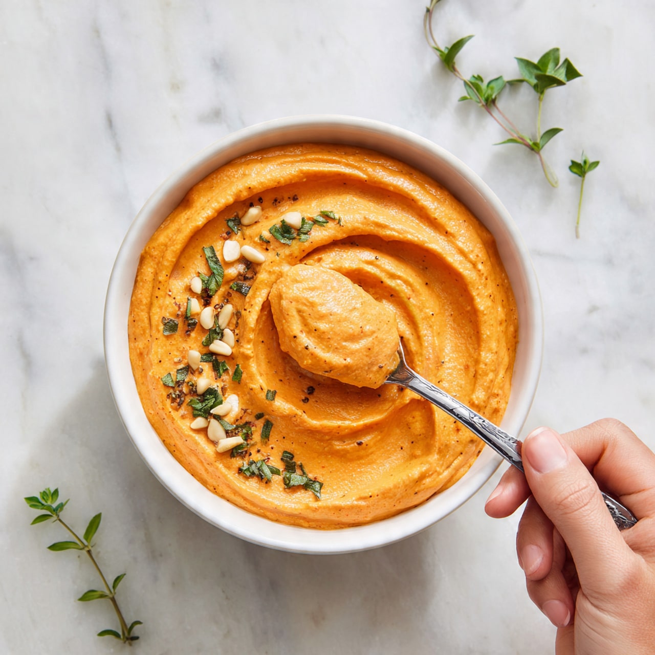 A white bowl filled with thick, smooth orange dip with a slightly glossy texture, swirled in the middle forming soft curves; it is topped with a small pile of fresh green parsley leaves and light brown toasted pine nuts scattered in the center, along with a dusting of red spice powder around the toppings and over the surface. A silver spoon rests on the right edge of the bowl. The bowl sits on a white marbled surface with some blurred green herbs and pine nuts around it. Photo taken with an iphone --ar 4:5 --v 7