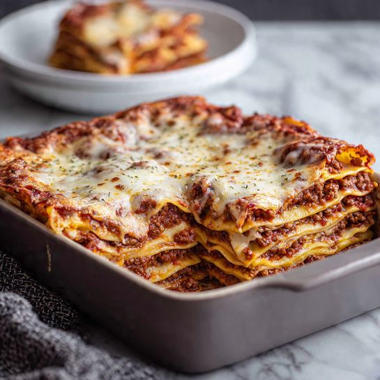 The image shows a gray square baking dish filled with a serving of layered lasagna. The lasagna has multiple layers of cooked pasta sheets that are golden yellow, separated by thick layers of brown meat sauce mixed with red tomato sauce. On top of the lasagna, there is a thick covering of melted white cheese with some parts showing light golden spots where it is slightly browned. In the background, there is a white bowl holding a portion of the same lasagna on a white marbled surface. A gray textured cloth is partially visible near the dish. Photo taken with an iphone --ar 4:5 --v 7