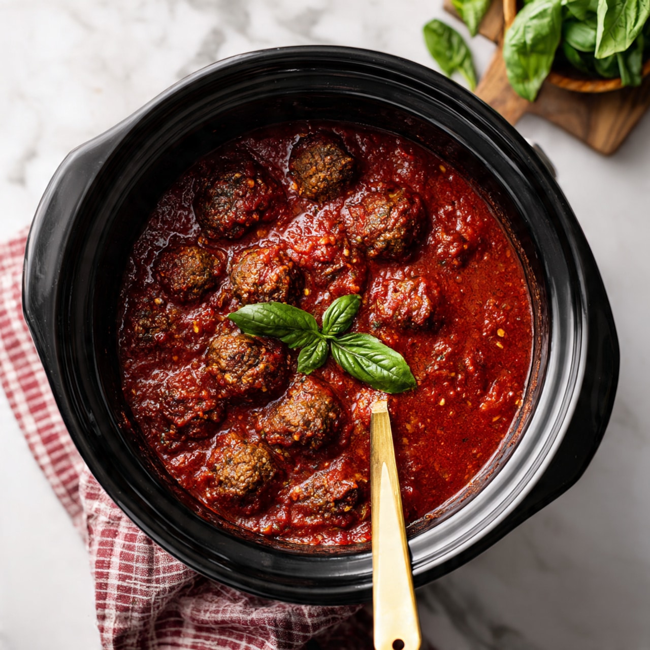 A black slow cooker filled with a thick, rich red tomato sauce holding several brown meatballs partially covered by the sauce. A long gold-colored spoon is inside the cooker, resting vertically and partially submerged in the sauce near the center. In the background, there is a white marbled surface with some green basil leaves at the top right corner and a glimpse of a cloth with red and white checkered patterns under the slow cooker. photo taken with an iphone --ar 4:5 --v 7