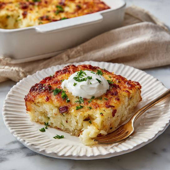 The image shows a single serving of a golden brown hash brown casserole placed in the center of a glossy white plate with textured, wavy edges. The casserole has visible layers of crispy shredded potatoes with bits of melted cheese and herbs mixed inside, topped with a dollop of white sour cream. The fork lies on the plate beside the casserole. In the background, there is a white baking dish filled with the remaining casserole on a soft beige cloth, all set on a white marbled surface. photo taken with an iphone --ar 4:5 --v 7