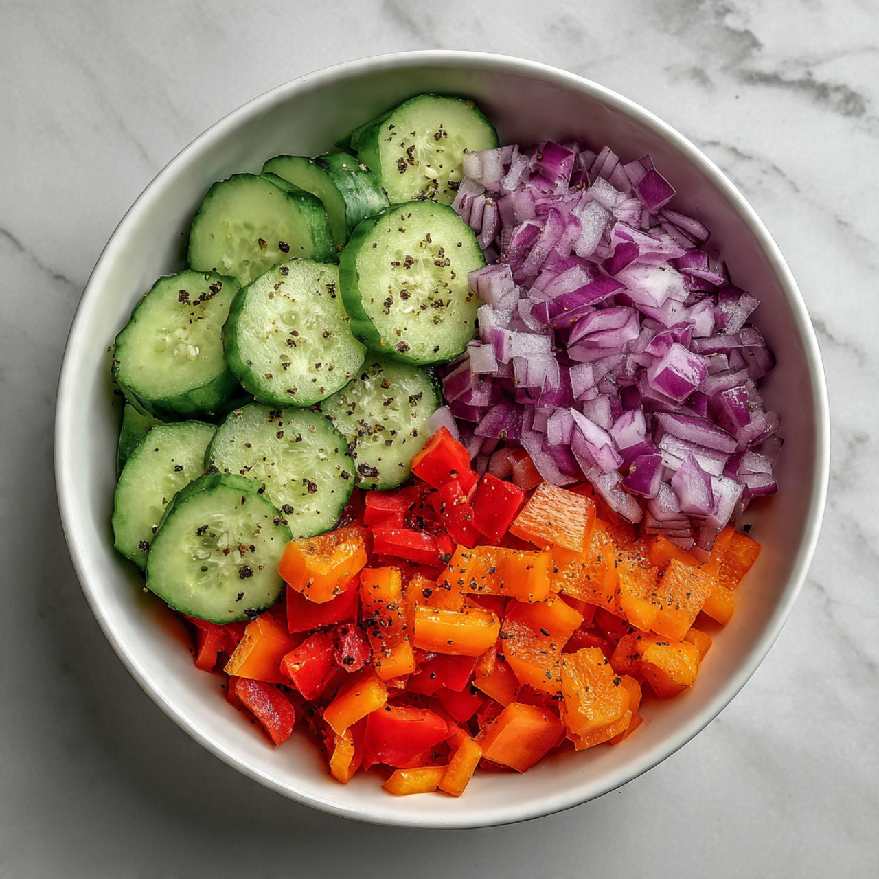 The image shows a glass container filled with cooked shrimp and fresh vegetables. The shrimp are light pink with slight grill marks, placed on top and mixed in with thick slices of green zucchini, medium-sized chunks of yellow bell pepper, and small pieces of red bell pepper and red onion. The vegetables look fresh and slightly cooked with visible black pepper seasoning and small green herb leaves sprinkled over the dish. The container is on a white marbled surface. photo taken with an iphone --ar 4:5 --v 7