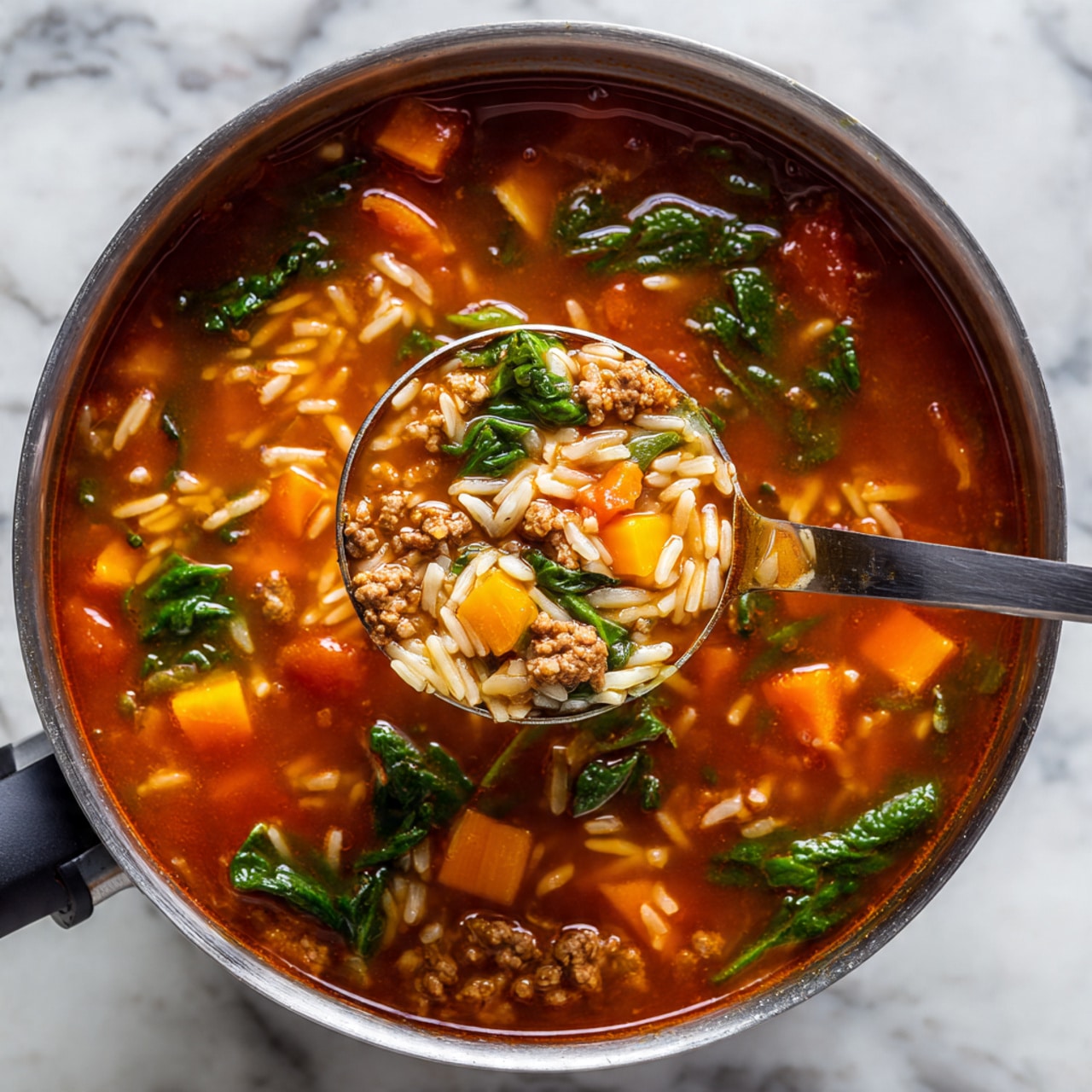 A white pot filled with a thick soup showing many layers: a rich red tomato base with bits of green zucchini, small orange carrot cubes, leafy green spinach, beige beans, and small brown meat pieces mixed evenly throughout. The soup has a textured look with visible grains of orzo pasta floating in it. A shiny silver spoon is partly dipped in the soup, resting inside the pot. The pot handle is visible on the left side, and the entire scene sits on a white marbled surface with some green spinach leaves in the background. Photo taken with an iphone --ar 4:5 --v 7