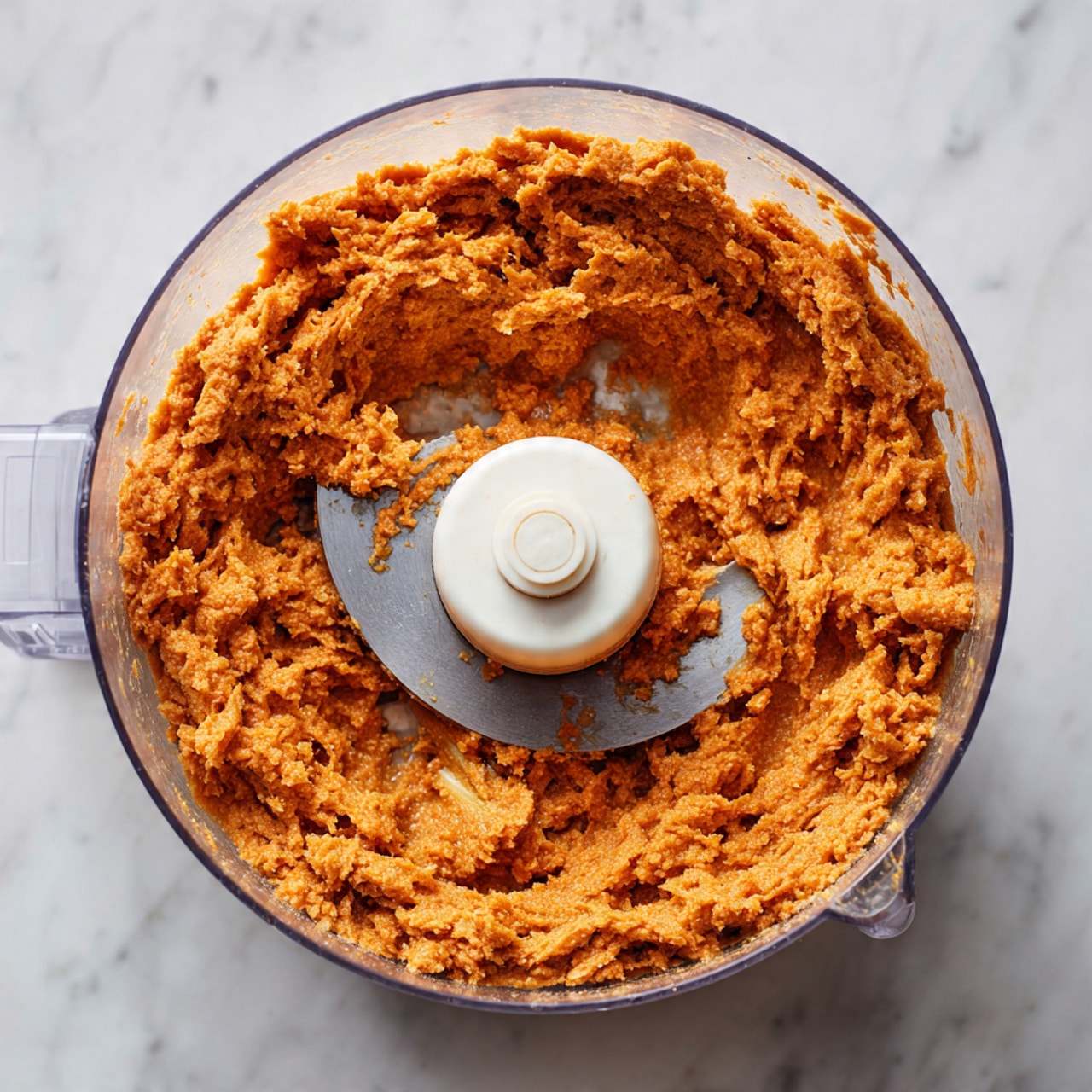 A round bowl filled with thick, orange-colored dip that has a slightly coarse texture. The dip is swirled in a round pattern, creating a small well in the center where clear oil pools. Bright green chopped herbs are scattered on top along with a few red chili flakes, adding a pop of contrast to the orange base. The bowl is white and sits on a white marbled surface. photo taken with an iphone --ar 4:5 --v 7