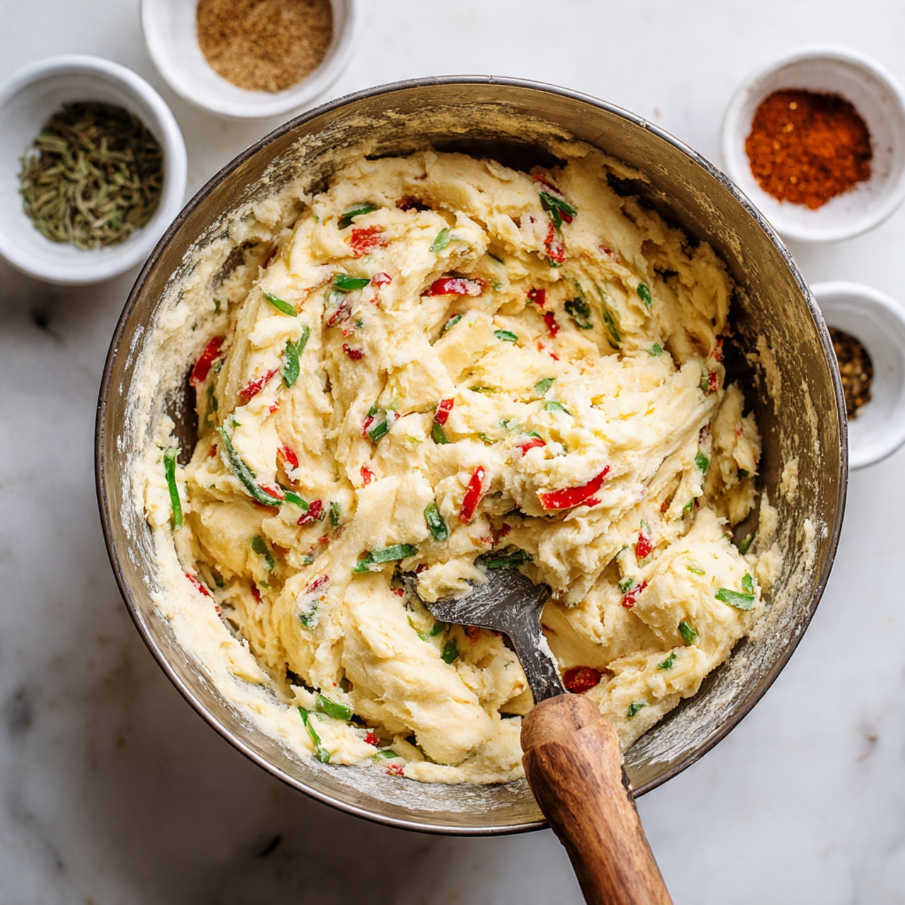 A close-up view of a soft, pale yellow mixture with small pieces of red pepper and chopped green onions scattered throughout. The mixture is being stirred with a large metal spatula with a wooden handle placed on a white marbled surface dusted with flour. Around it, there are small white bowls filled with different spices, including greenish dried herbs, brown powder, and reddish chili powder. The mixture looks creamy and slightly crumbly, with the vibrant green and red pieces adding contrast. Photo taken with an iphone --ar 4:5 --v 7