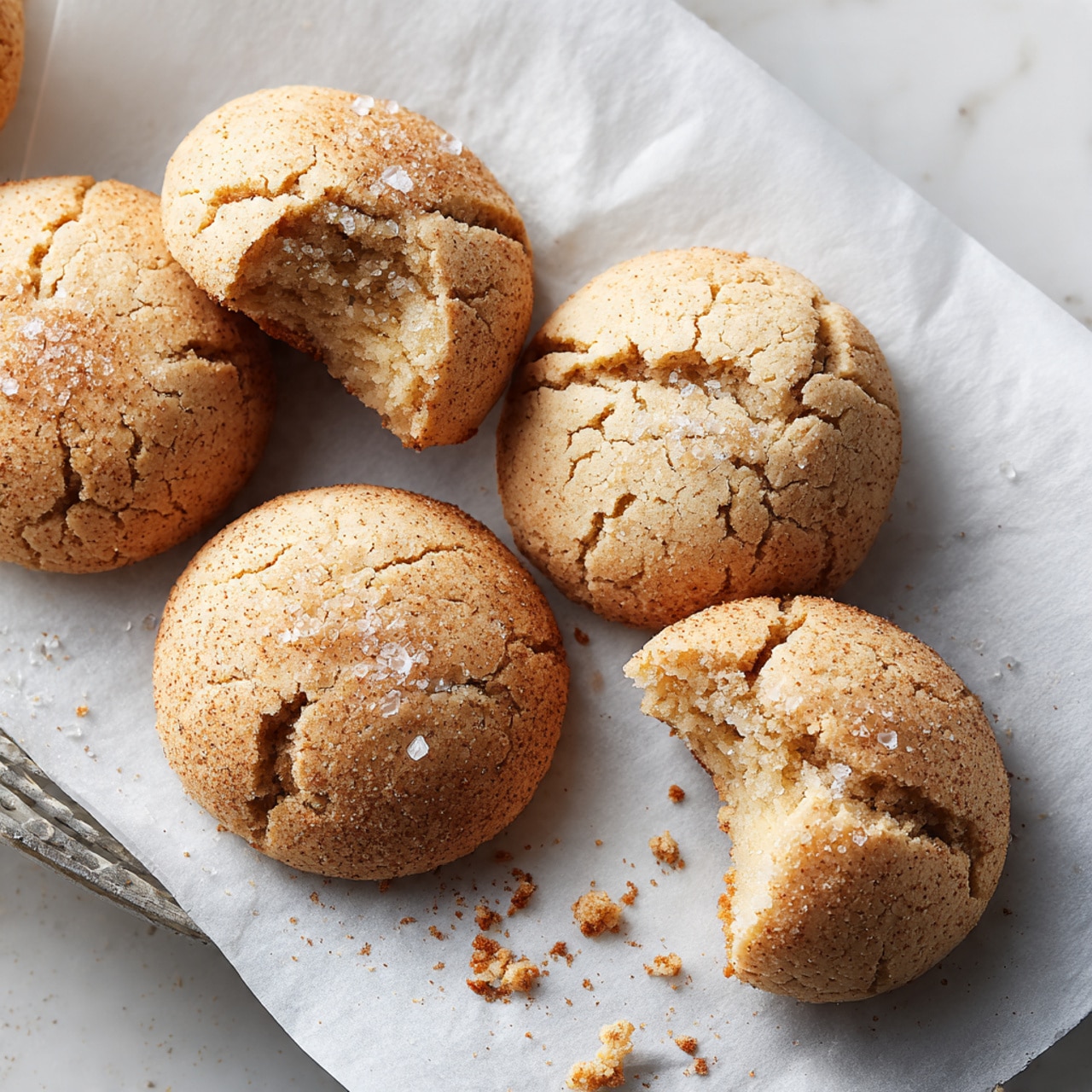 A group of round brown cookies with cracked surfaces lies flat on white parchment paper, which rests on a metal cooling rack and a white marbled texture surface. One cookie near the center has a bite taken out, showing a soft inside texture similar to the outside color. Small sugar crystals are lightly sprinkled on the top of the cookies, adding a slight sparkle. Cookie crumbs are scattered around them, creating a casual, fresh-baked look. photo taken with an iphone --ar 4:5 --v 7