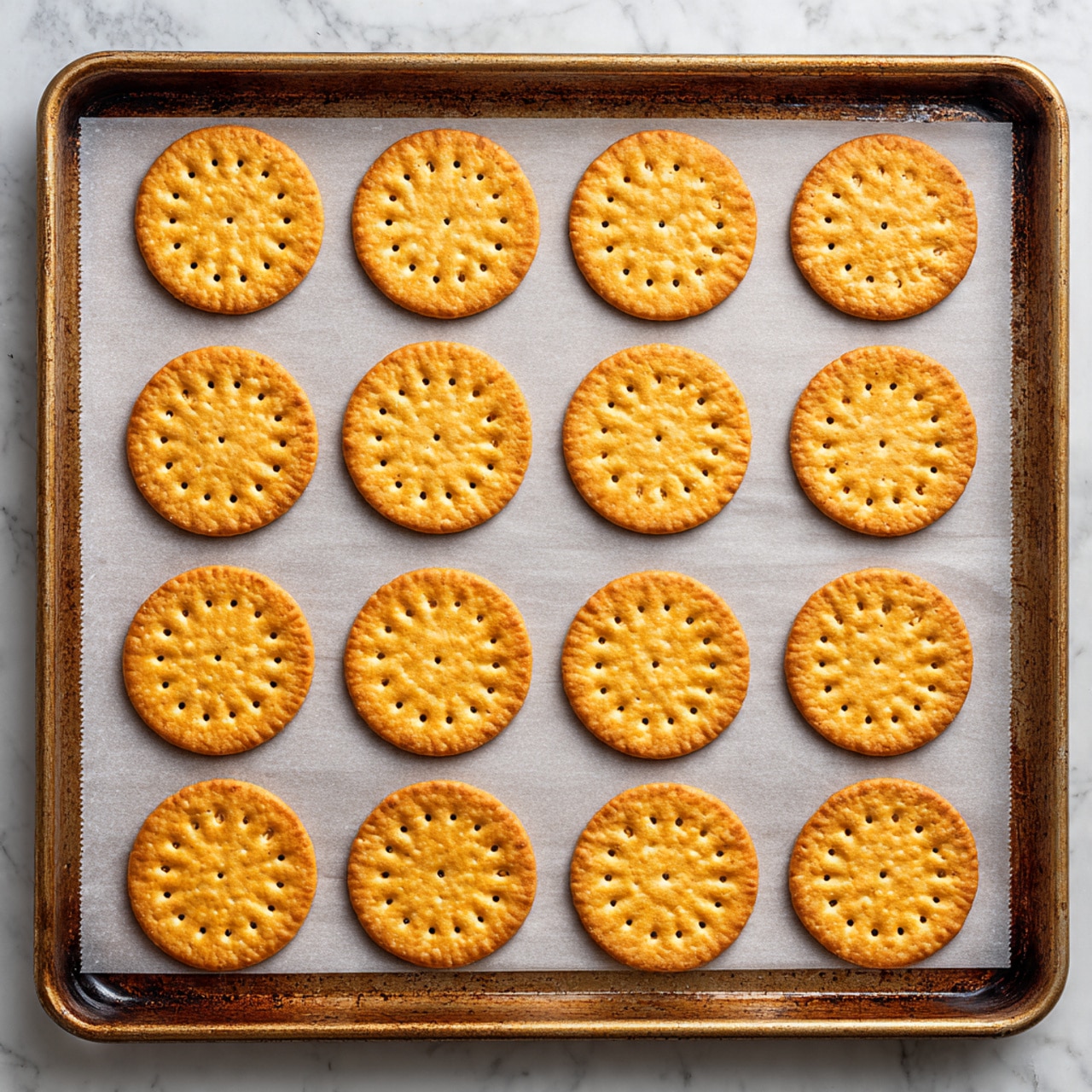 Fifteen round golden-brown crackers are evenly placed in a grid of three columns and five rows on white parchment paper that covers a well-used baking sheet with a rustic look. Each cracker shows small holes arranged in a symmetrical pattern on its slightly textured surface. The baking sheet rests on a white marbled background, adding a clean contrast to the warm tones of the crackers and the sheet. photo taken with an iphone --ar 4:5 --v 7