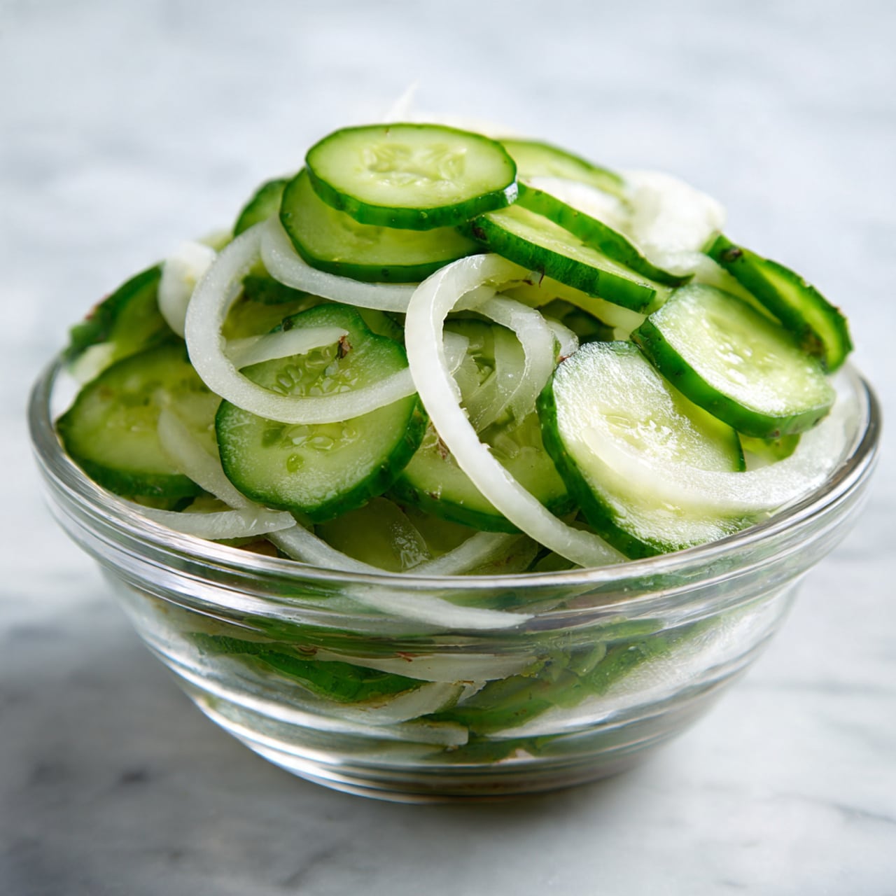 A clear glass jar filled with many thin layers of bright green cucumber slices and thin white onion slices soaked in a clear liquid. The layers show cucumber rounds stacked on top of each other, with onion rings mixed in between. The jar has metal clips on its sides and sits on a white marbled surface. In the background, part of another similar jar and a white cloth are visible. Photo taken with an iphone --ar 4:5 --v 7