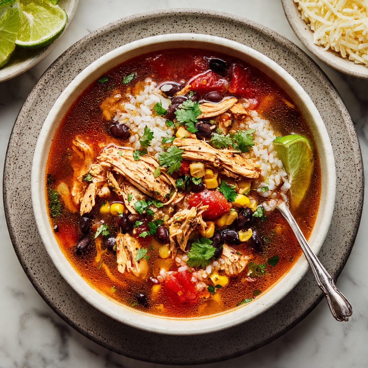 A white bowl filled with a colorful soup showing clear layers: at the bottom, a rich reddish broth mixed with black beans, yellow corn, small red and green diced vegetables, and bits of white orzo pasta; on top, several pieces of light brown cooked chicken arranged with slices of green avocado and some bright green cilantro leaves as garnish; a silver spoon rests inside the bowl on the right, and a lime wedge leans against the bowl’s edge at the back. The bowl sits on a white marbled surface with a blurred bowl of shredded cheese in the background. Photo taken with an iphone --ar 4:5 --v 7