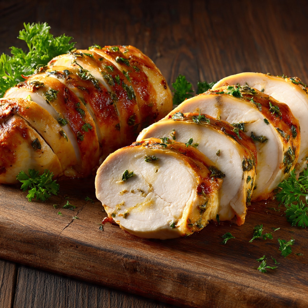 The image shows two pieces of cooked chicken placed on a wooden board. Each piece is sliced into about six to seven thick layers, revealing white, tender inside meat and a golden brown outside with herbs and seasoning sprinkled on top. Small green parsley leaves are scattered across the chicken and board, adding a fresh touch. The texture of the chicken skin looks crispy and well-cooked, while the inside appears juicy and soft. The surface under the chicken is a natural wood, with visible grain and slight marks, giving a rustic feel. photo taken with an iphone --ar 4:5 --v 7