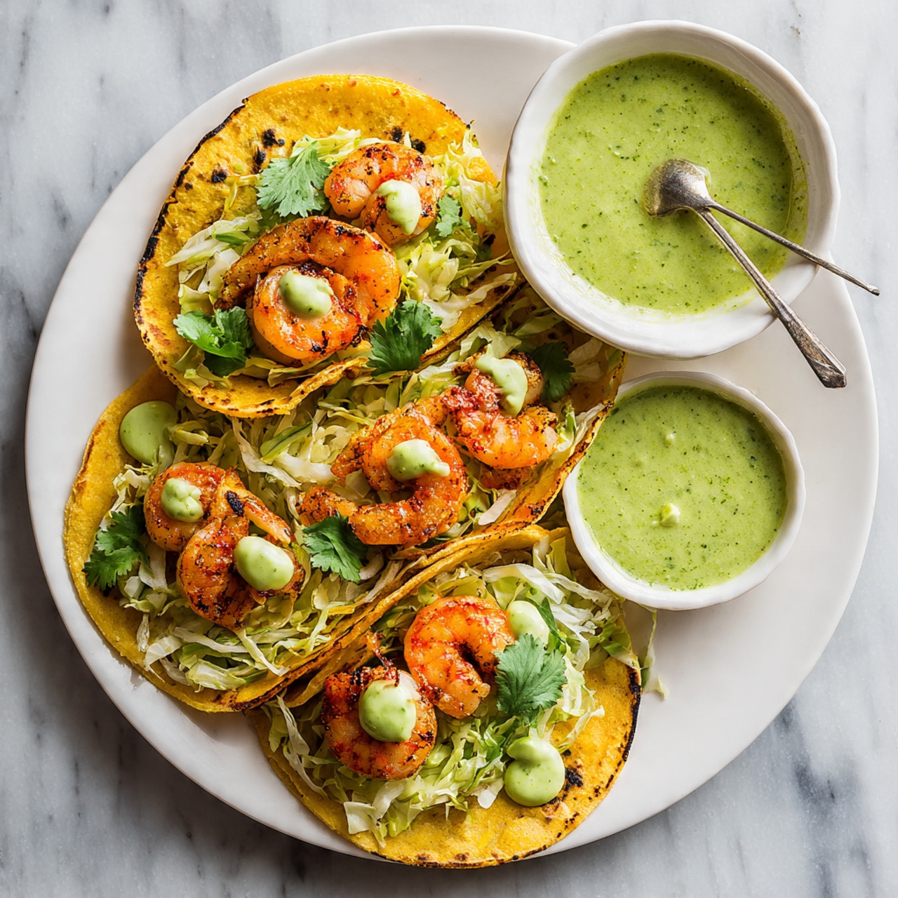 A white plate holds three tacos arranged side by side. Each taco consists of two slightly charred yellow corn tortillas folded and filled with a generous layer of finely shredded green cabbage at the bottom, topped with bright orange cooked shrimp, and scattered with small green cilantro leaves. Small dollops of pale green creamy sauce are drizzled unevenly over the shrimp and cabbage. To the side of the tacos, there is a small white bowl filled with the same thick green sauce, with a spoon resting inside. The background is a white marbled surface. photo taken with an iphone --ar 4:5 --v 7