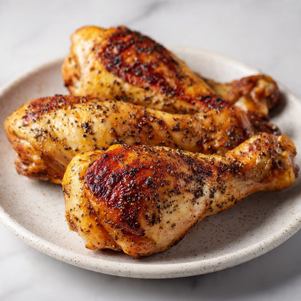 The image shows three well-cooked turkey legs on a grill, each with a dark brown, crispy skin with visible pepper and spice specks. The legs are placed on black grill bars, and the surface below has a mix of charred marks and grease spots. The texture of the turkey skin looks slightly rough and shiny from the cooking juices. The background shows parts of a grill, with the whole setup placed on a white marbled surface. photo taken with an iphone --ar 4:5 --v 7