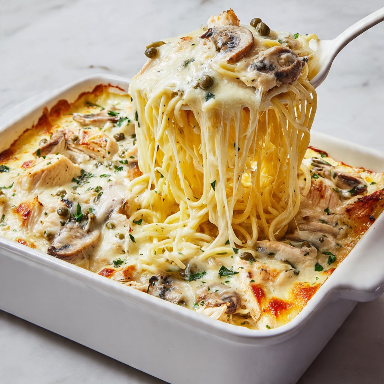 A white rectangular casserole dish filled with a creamy baked spaghetti dish in three thick layers: the bottom layer is long, thin spaghetti noodles in a light creamy sauce, the middle layer shows tender pieces of light brown grilled chicken and dark brown mushrooms scattered evenly, and the top layer is thick melted white and yellow cheese with visible green herbs and small capers spread over. A white spoon lifts a portion from the dish, showing stretchy cheese strings and pasta strands dripping down. The whole scene is on a white marbled surface with bright lighting that highlights the creamy texture and golden brown spots on the cheese photo taken with an iphone --ar 4:5 --v 7