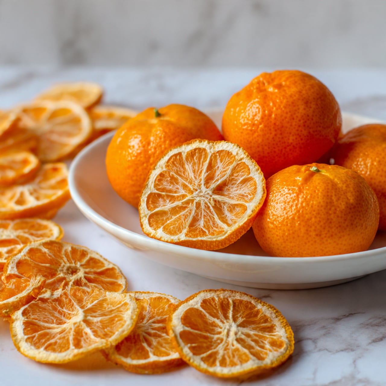 The image shows a white bowl at the top left filled with whole bright orange oranges, with one orange sliced in half inside the bowl. Below the bowl is a white textured cutting board holding five orange slices arranged in a fan shape, with one whole half orange resting on the board's left side. A knife with a wooden handle lies on the cutting board to the right of the orange slices. Around the board and bowl, there are four whole bright orange oranges placed on a surface with a white marbled texture. photo taken with an iphone --ar 4:5 --v 7