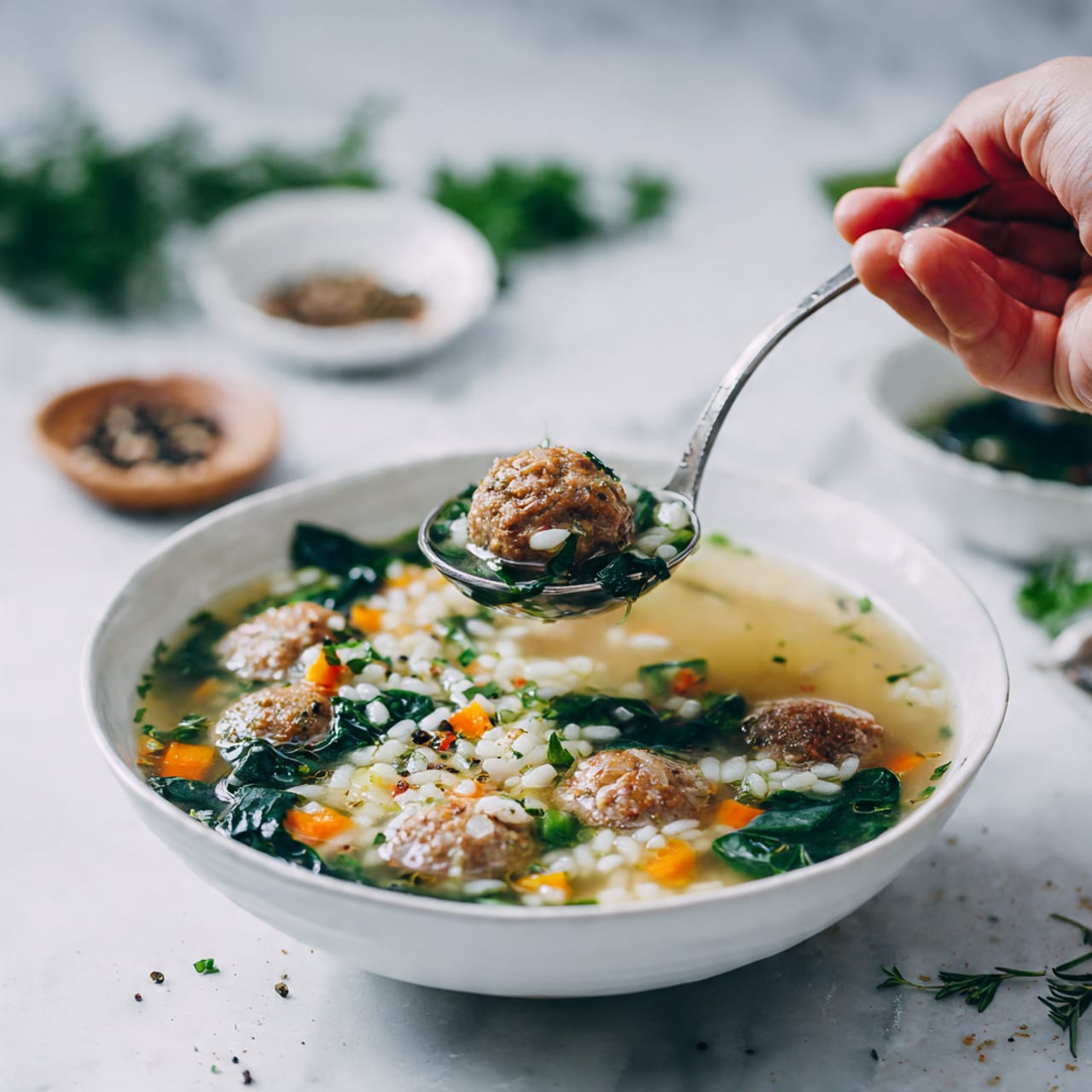 A bowl of clear broth soup with seven browned meatballs floating inside, mixed with bright orange carrot cubes, green spinach leaves, small light green celery slices, and white pieces of orzo pasta scattered throughout. A silver spoon rests in the right side of the white bowl. The bowl sits on a white marbled surface, with some fresh green parsley and a small white dish with pepper visible near the top left corner. The soup looks warm and fresh with visible steam. photo taken with an iphone --ar 4:5 --v 7