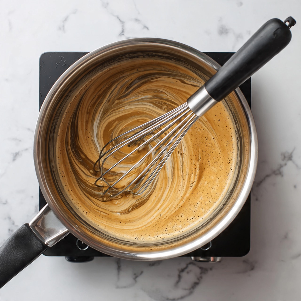 A top view of a silver pot with a smooth, light brown liquid mixture inside, showing a swirled pattern of darker and lighter shades in the center. A metal whisk with black handle is partially inside the pot, stirring the foamy liquid. The pot sits on a black hot plate, all placed on a white marbled surface. Photo taken with an iphone --ar 4:5 --v 7