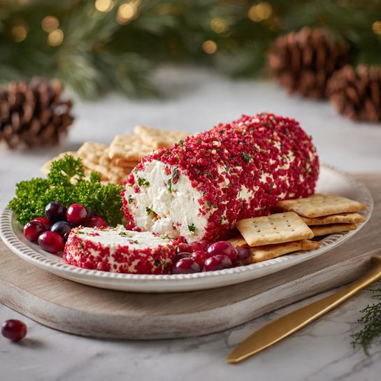 The image shows a white scalloped plate with a log-shaped cheese ball at the center. The cheese ball has two layers: the inner layer is smooth and creamy white cheese exposed on one side, while the outer layer is covered with finely chopped bright red cranberries mixed with green herbs, giving a textured spicy look. Surrounding the plate are several square and round beige crackers arranged in a loose circle. At the front left corner of the plate is a green glass cheese spreader with a gold handle. Two whole fresh cranberries rest on the wood-textured surface near the plate, which sits on a white marbled surface. The background includes out-of-focus green pine needles and a white bowl filled with cranberries. photo taken with an iphone --ar 4:5 --v 7