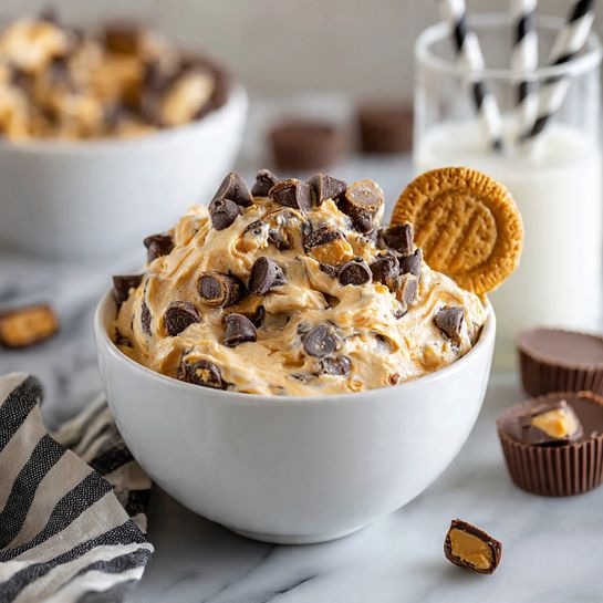 A clear glass bowl filled with creamy, light brown peanut butter dip mixed with small chocolate chips throughout and larger chunks of peanut butter cups scattered inside and on top. The surface layer is thick and textured with dollops showing a rich, smooth, and slightly chunky appearance. Several halved and whole peanut butter cups with dark chocolate tops rest on the creamy dip, along with crunchy tan peanut-shaped cookies dotted with chocolate. A woman's hand is dipping one of these peanut-shaped cookies into the bowl, lifting it high with a scoop of the dip that includes chocolate chips and a small peanut butter cup piece. The setup sits on a white marbled surface with blurred bowls of additional peanut butter cups and a glass of milk in the light background. photo taken with an iphone --ar 4:5 --v 7