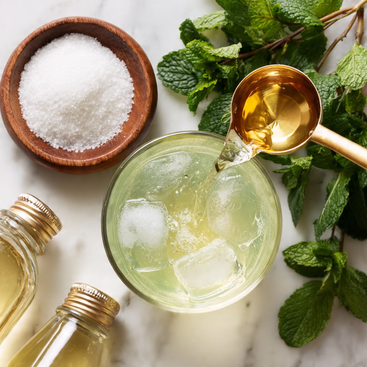 The image shows a top view of a white marbled surface with a clear glass filled with a pale green liquid and ice cubes in the center. A golden measuring cup is pouring a light yellow liquid into the glass. To the top right, there are fresh green mint leaves spread out. On the top left, there is a small round wooden bowl filled with white granulated sugar and a silver spoon resting in it. On the bottom left are parts of two clear bottles, one slightly open. photo taken with an iphone --ar 4:5 --v 7
