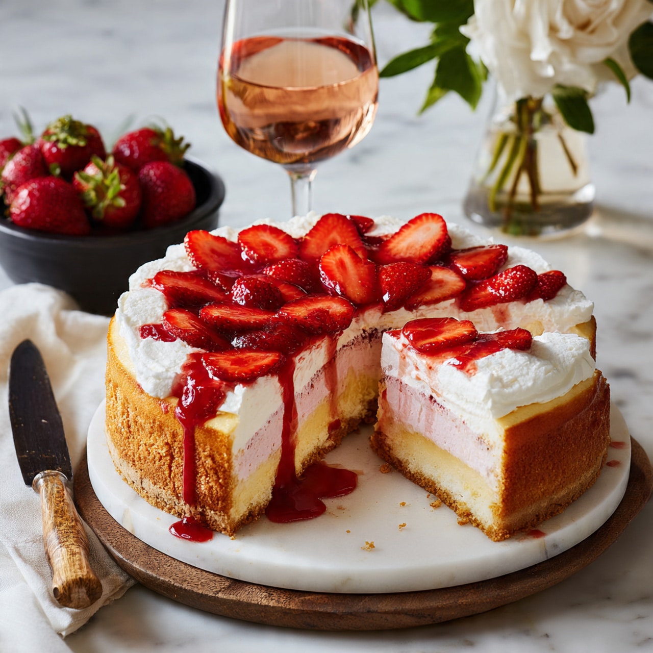 A round cake sits on a white marble plate, with a light yellow base layer. The top is covered with a layer of white cream mixed with a red strawberry sauce that spreads unevenly. On top of this, bright red strawberries, some whole and some sliced, are arranged closely together. Small white meringue pieces are scattered over the strawberries. The setting includes a dark bowl of fresh strawberries and a woven basket on a white marbled surface. Photo taken with an iphone --ar 4:5 --v 7