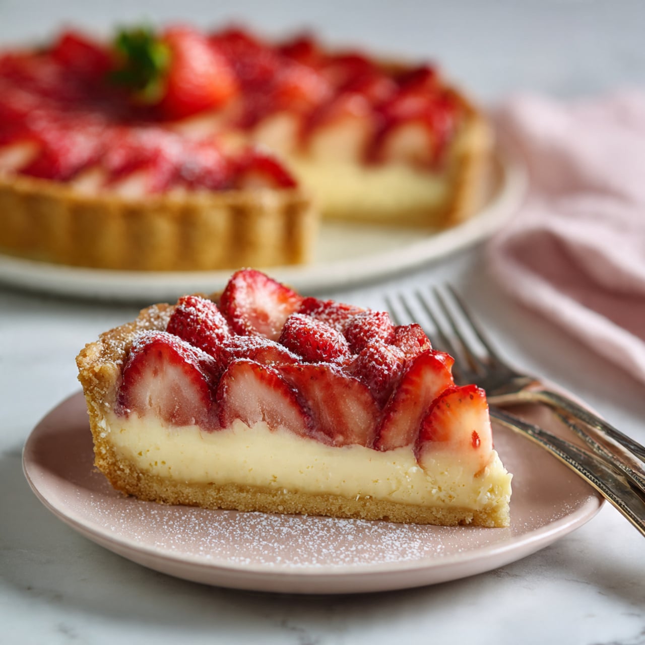 A round tart with a golden brown crust is cut into eight slices and placed on a white plate, which sits on a white marbled surface with a light pink cloth underneath. Each slice shows a layer of thinly sliced red and pink fruit arranged in a fan shape in the center, surrounded by the dough crust that is dusted with powdered sugar. One slice is slightly pulled out from the tart, showing its thickness and texture clearly. The colors are warm and soft, with the fruit slices standing out against the crust. photo taken with an iphone --ar 4:5 --v 7