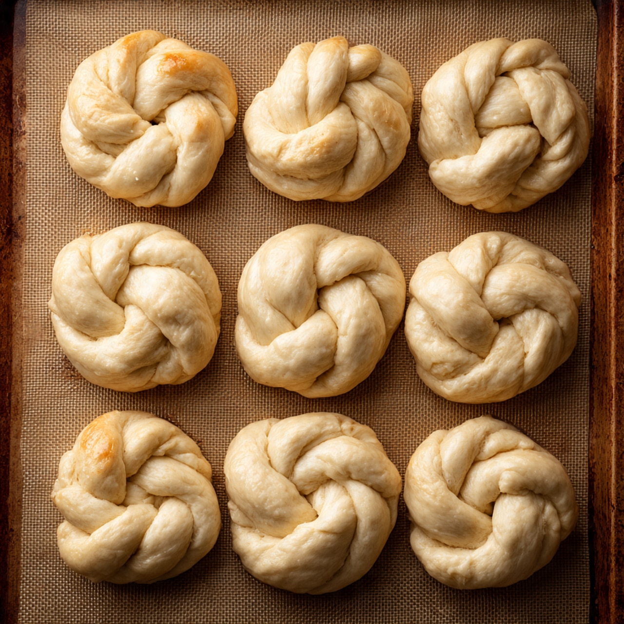 A close-up view of a woman's hand holding three pieces of soft, twisted bread rolls with a light golden brown outer layer and fluffy, pale yellow inside. The bread shows clear layers of soft, tender dough with some greenery, possibly herbs, peeking through in small bits. In the blurred background, there is a pile of similar twisted bread rolls all with golden tops and a light texture. The scene is set on a white marbled surface. photo taken with an iphone --ar 4:5 --v 7