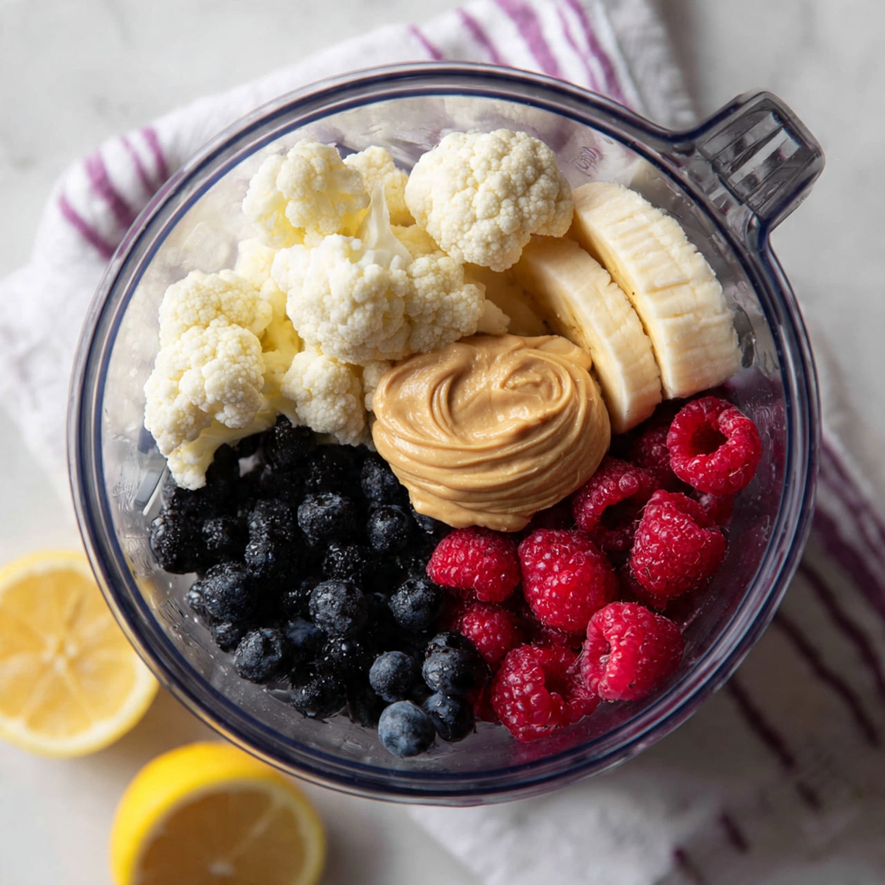The image shows a clear blender jar on a white marbled surface, filled with five layers of ingredients. At the bottom, there are black blueberries forming a dark base. On top of the blueberries lies a handful of white cauliflower florets with a rough texture. Next to the cauliflower, there are bright red raspberries clustered together. Beside the raspberries, a thick swirl of light brown almond butter sits, spreading partially over a peeled banana slice that is pale yellow and curved along the blender’s side. Scattered around the blender on the surface, there are blueberries and half a lemon cut side up. A white cloth with purple stripes is slightly visible in the background. Photo taken with an iphone --ar 4:5 --v 7