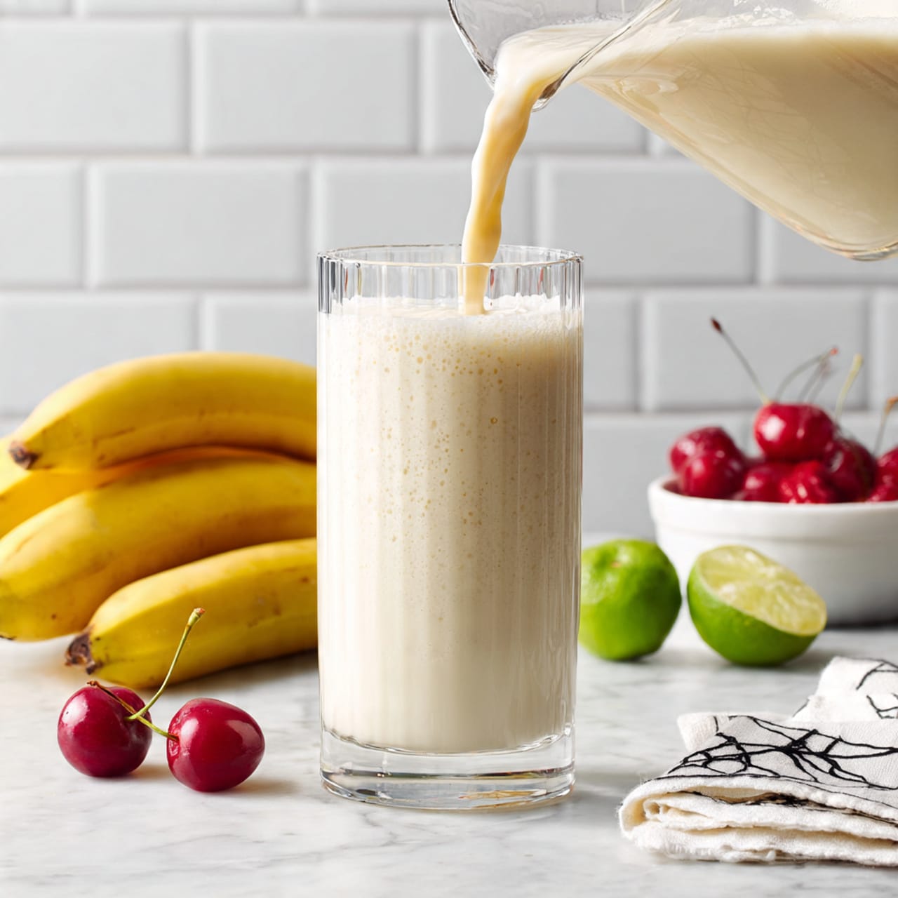 A tall clear glass sits on a white marbled surface, being filled with a thick, creamy, light beige liquid poured from a glass pitcher above. To the left of the glass, there are three bright yellow bananas with brown tips lying on the surface. Behind the bananas, there are two small white bowls, one filled with bright red cherries and the other half a green lime cut open. To the right of the glass, a white cloth with a black spider web pattern is casually folded. The background is a white brick wall. photo taken with an iphone --ar 4:5 --v 7