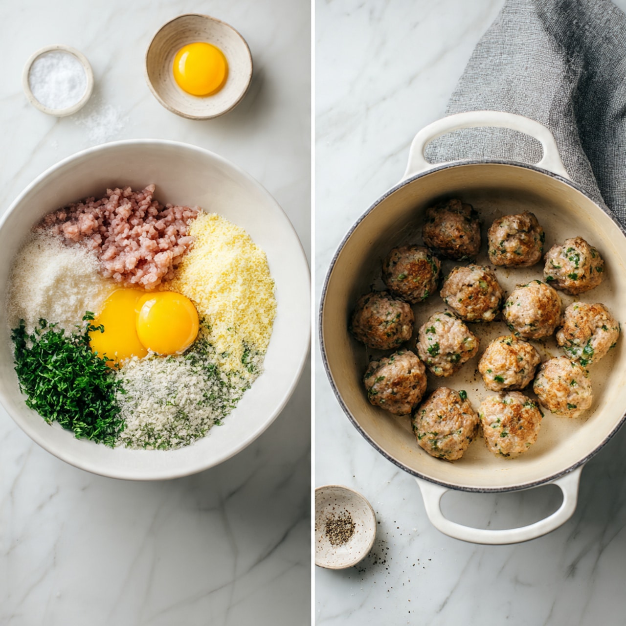A white pot filled with clear broth soup containing several brown meatballs, dark green spinach leaves, and small orange carrot cubes spread throughout. The soup also has small grains of rice or orzo floating in the broth. A silver ladle is lifting two meatballs and some spinach from the soup, held by a woman's hand. In the background, there is a white bowl with more soup, showing the same ingredients and colors, sitting on a white marbled surface with some green herbs and a small white dish of pepper. photo taken with an iphone --ar 4:5 --v 7