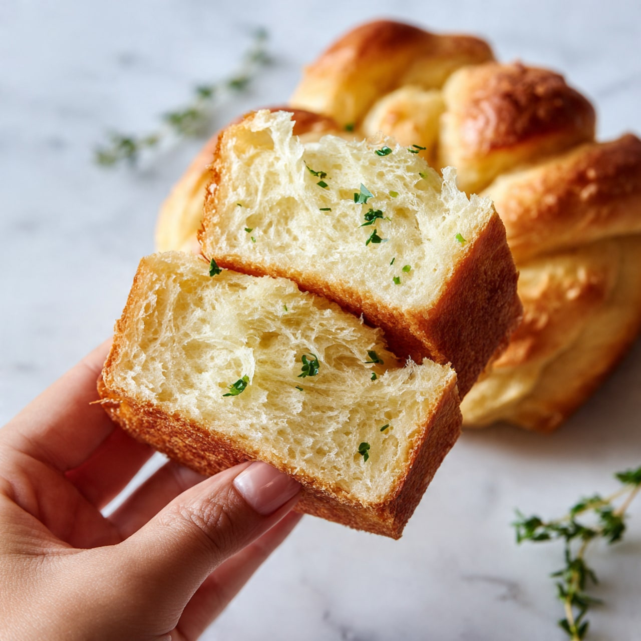 The image shows several golden-brown garlic knots on a parchment-lined baking sheet. Each knot is made of twisted dough with light and fluffy layers, showing soft, slightly shiny surfaces with some salt crystals and small bits of chopped green parsley sprinkled on top. The knots have a warm, golden color where they have browned evenly, and the dough looks tender with smooth texture in areas not browned. The background is a white marbled texture. photo taken with an iphone --ar 4:5 --v 7