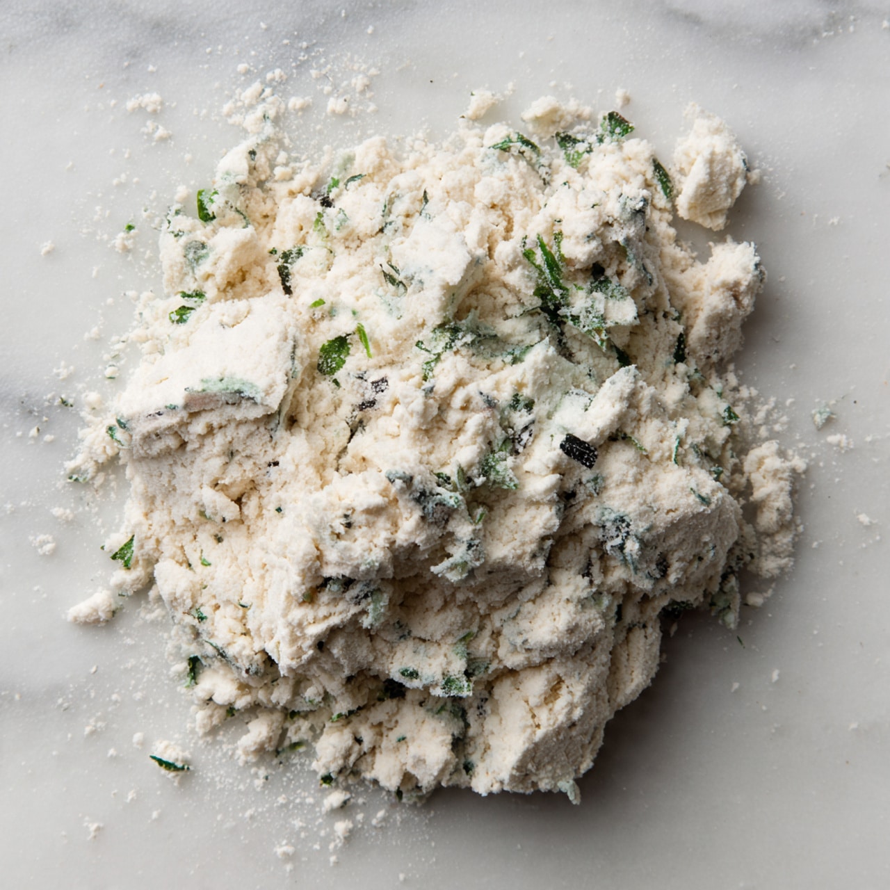 This close-up image shows a pile of white flour mixed with small green herbs and black spices, creating a speckled texture. The flour mixture is heaped together with some areas fluffy and clumpy, resting on a white marbled surface with a creamy liquid visible at the edges. The overall color is pale white with tiny flecks of green and black scattered unevenly throughout. photo taken with an iphone --ar 4:5 --v 7