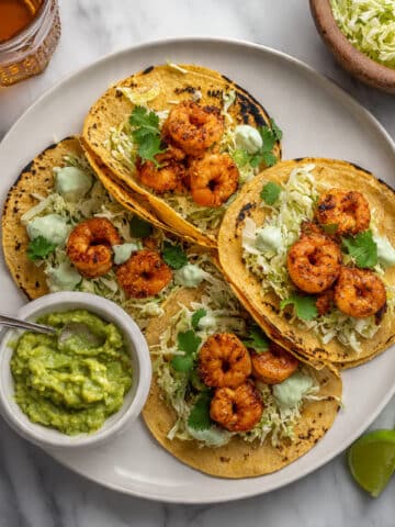 Spicy Shrimp Tacos with Avocado Crema and Cabbage Slaw Recipe