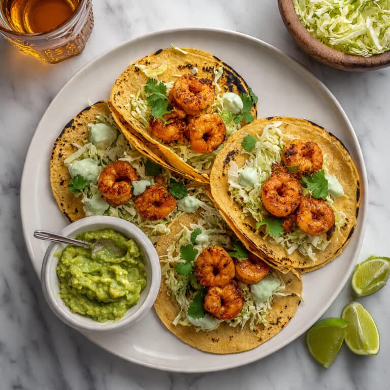 Spicy Shrimp Tacos with Avocado Crema and Cabbage Slaw Recipe