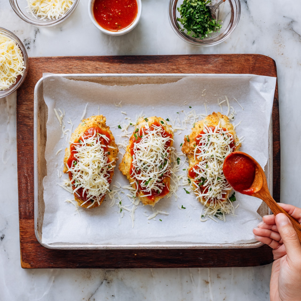 The image shows a close-up of a breaded cutlet layered with bright red tomato sauce on the bottom, topped by a thick, melted white cheese layer that is slightly browned in spots. The cutlet has a crunchy, golden-brown texture around the edges. There are small pieces of green chopped herbs sprinkled evenly on top of the cheese and around the cutlet. The food is placed on a baking tray with parchment paper, set against a white marbled background. Photo taken with an iphone --ar 4:5 --v 7