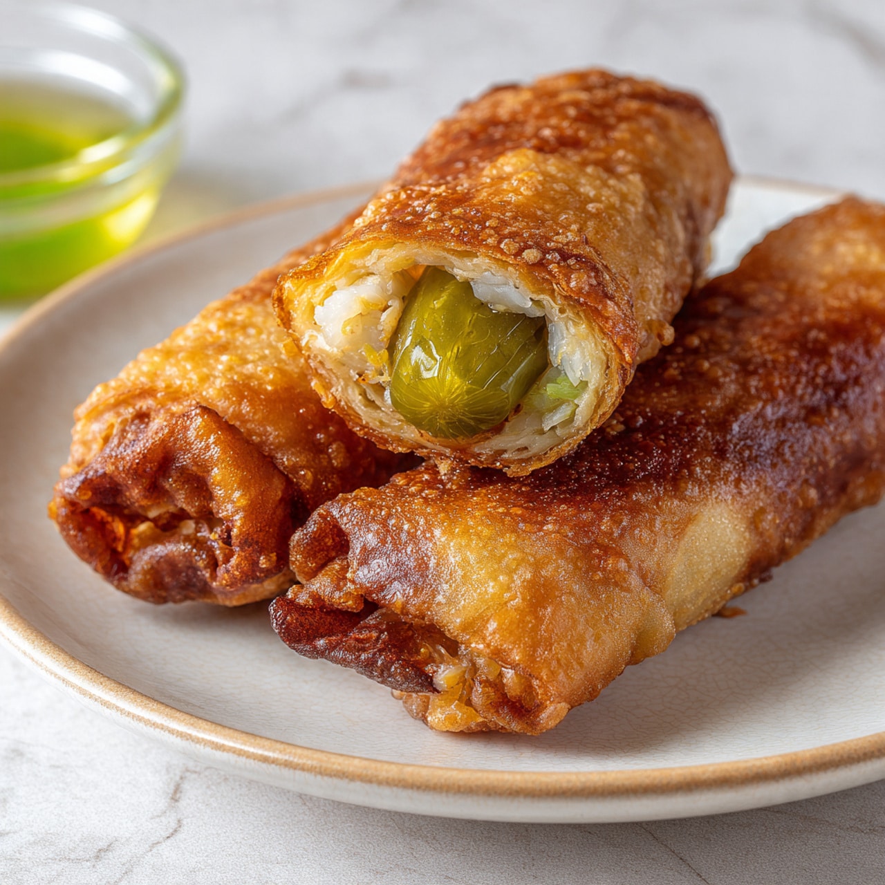 The image shows two small rolled fried snacks on a white plate with a white marbled surface background. Each roll has two visible layers: a crispy golden brown outer layer, and inside a white layer of soft filling, possibly chicken or similar, with a slice of green pickle sticking out from one end. The rolls look crunchy with some rough melted edges on the surface. A small round glass bowl with light green sauce is partially visible on the left side of the plate. photo taken with an iphone --ar 4:5 --v 7