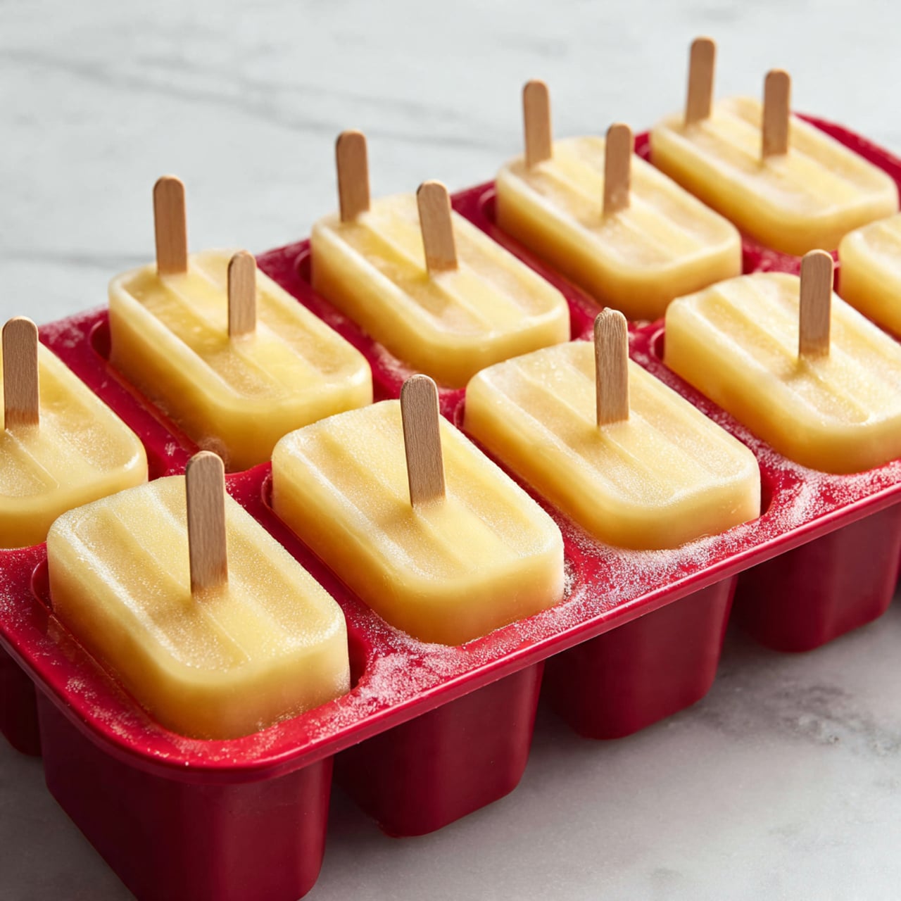 The image shows a white plate on a white marbled surface holding several bright yellow popsicles stacked together. There are around six popsicles with smooth, shiny textures and wooden sticks. One popsicle leans against the others on the plate, which also has two green lime slices underneath the front popsicle. In the blurry background, there is a blue basket filled with more yellow fruits. Photo taken with an iphone --ar 4:5 --v 7