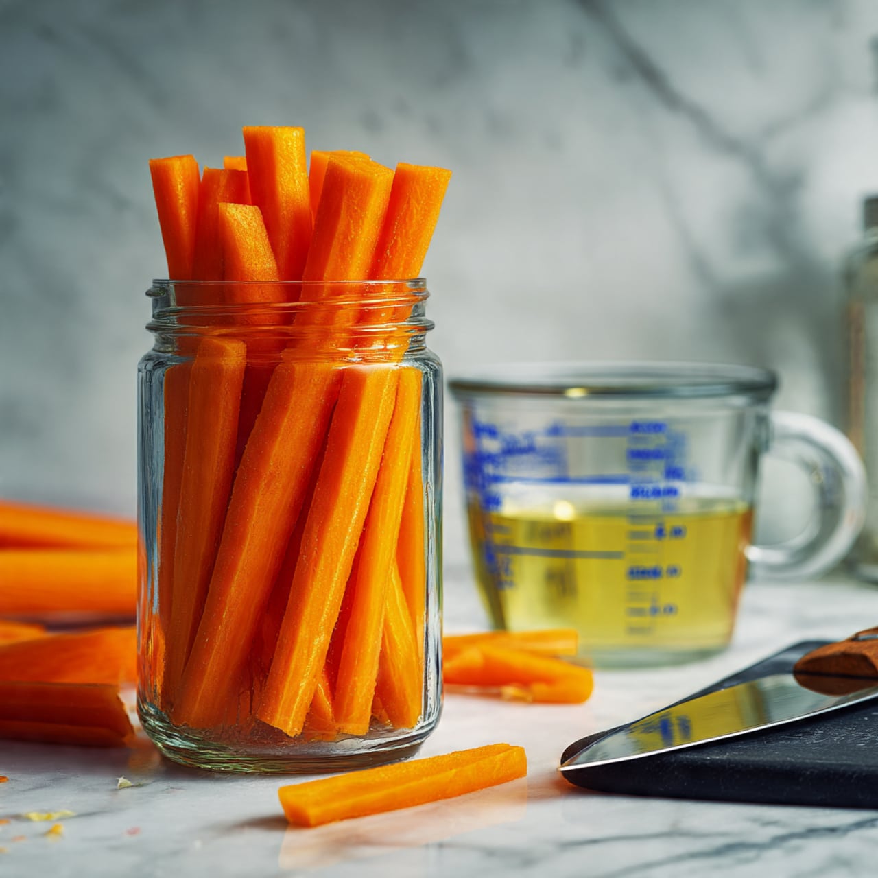 A clear glass jar filled with many orange carrot sticks packed tightly inside, topped with a white lid. Next to the jar, there is a small clear glass container with red chili flakes inside, showing a mix of red and small white spots. In front of this container, two garlic cloves with light purple and white skin rest on a cloth with yellow and white leaf patterns. The surface is a white marbled texture. photo taken with an iphone --ar 4:5 --v 7