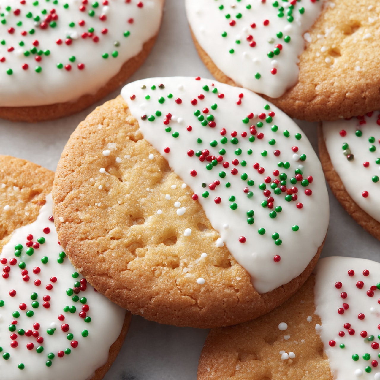 A stack of four sandwich cookies is shown, each with two golden brown crackers holding a thick, smooth dark chocolate filling in the middle. Each sandwich is dipped halfway in smooth white coating that drips slightly down the sides, and is topped with small red and green round sprinkles. Around the stack on the white marbled surface, there are more sandwich cookies similarly coated, along with scattered red, green, and white sprinkles, small white chocolate chunks, and a piece of a peppermint stick. The image is close up with a soft focused background. photo taken with an iphone --ar 4:5 --v 7