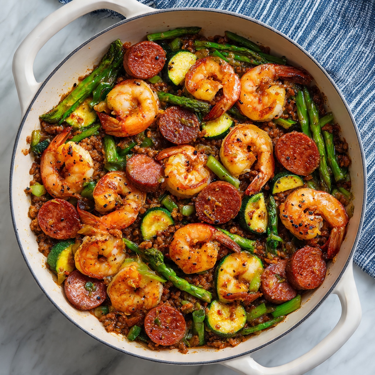 The image shows a black skillet filled with a colorful mix of cooked food. The bottom layer is made up of green asparagus stalks, light green round slices of zucchini, and small red bell pepper pieces, all spread evenly across the pan. On top of this vegetable layer sits a mix of round, light brown sausage slices and curled, orange shrimp, scattered mostly over the center and right side of the pan. The background is a white marbled surface. Photo taken with an iphone --ar 4:5 --v 7