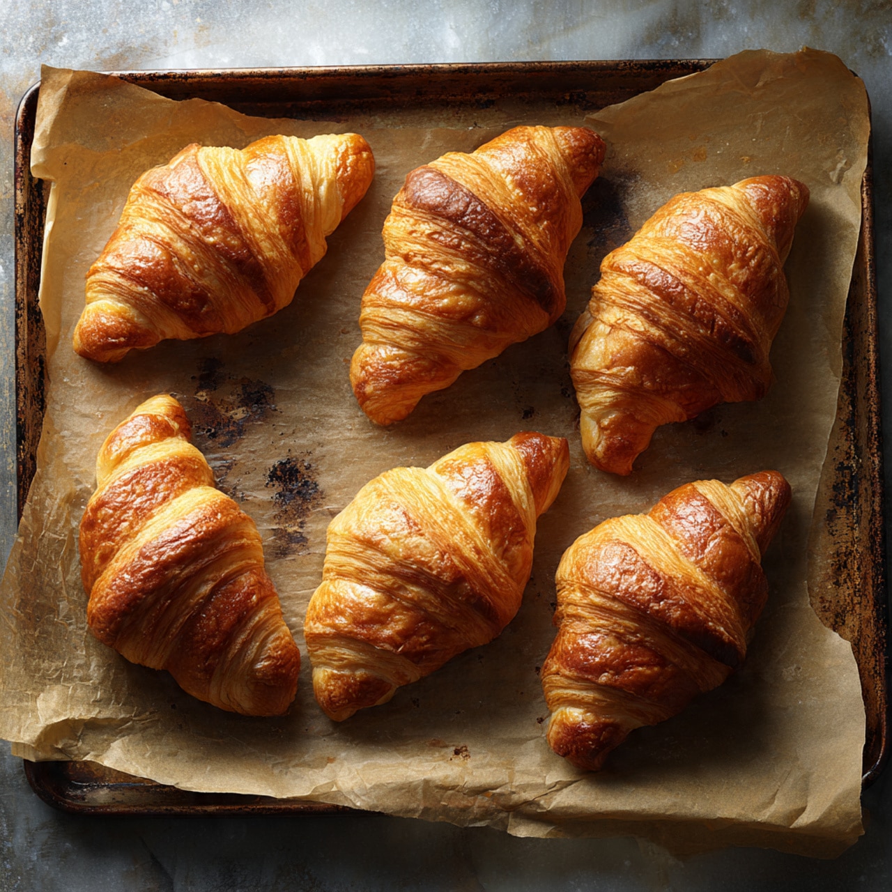 Six golden brown croissants with soft, flaky texture are placed on a sheet of light brown parchment paper. The parchment paper is on a large, old baking tray with dark spots and marks around the edges, showing signs of frequent use. The croissants are arranged in two rows of three, each with visible curved layers and a slightly crisp surface. The photo is taken from above, showing the full tray and all the croissants clearly on a white marbled surface photo taken with an iphone --ar 4:5 --v 7