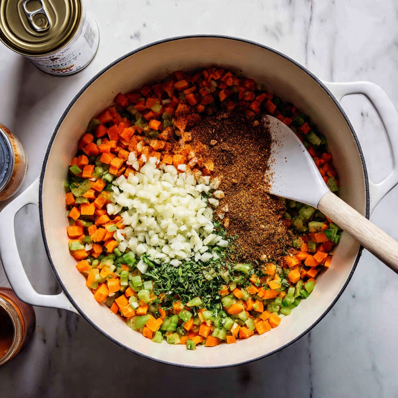 A white pot filled with three layers of ingredients is placed on a white marbled surface. The bottom layer consists of small chopped orange carrots and green vegetables mixed evenly, creating a colorful base. On top, there is a heap of chopped white garlic sitting in the center. Next to it is a long white spatula resting at an angle inside the pot, partially touching the ingredients. The top layer is a cluster of brownish spices scattered mainly to one side over the carrot and vegetable mixture. In the background, there is a container of broth and a can of tomato sauce nearby. Photo taken with an iphone --ar 4:5 --v 7